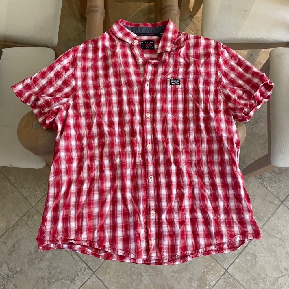 Perry Ellis America Mens XL Red White Plaid Short Sleeve Button Up Shirt